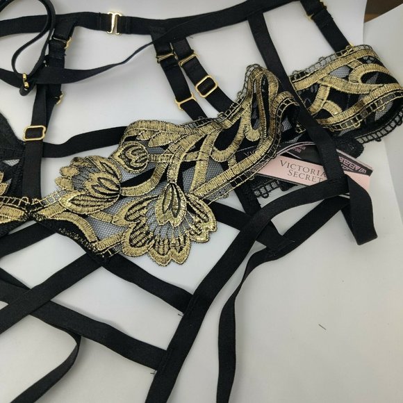 Victorias Secret Band of Lovers Gold Accents Caged Harness Panty Black - Picture 3 of 4